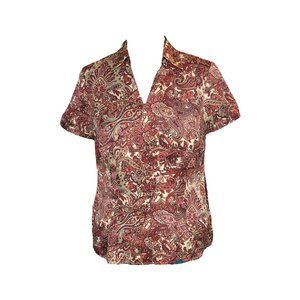 Ann Taylor Loft Burgundy Paisley Short Sleeve Front Button Up Blouse